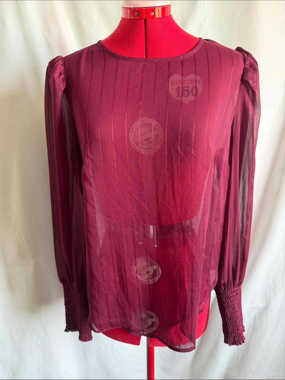 a new day Burgundy Sheer Long-Sleeve Blouse